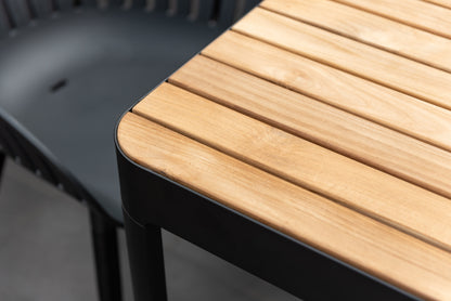 Portals Dark Dining Set | 7-Piece | FSC Teak Table & 6 Nassau Black Aluminum Social Plastic® Chairs | LifestyleGarden