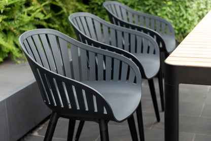 Portals Dark Dining Set | 7-Piece | FSC Teak Table & 6 Nassau Black Aluminum Social Plastic® Chairs | LifestyleGarden