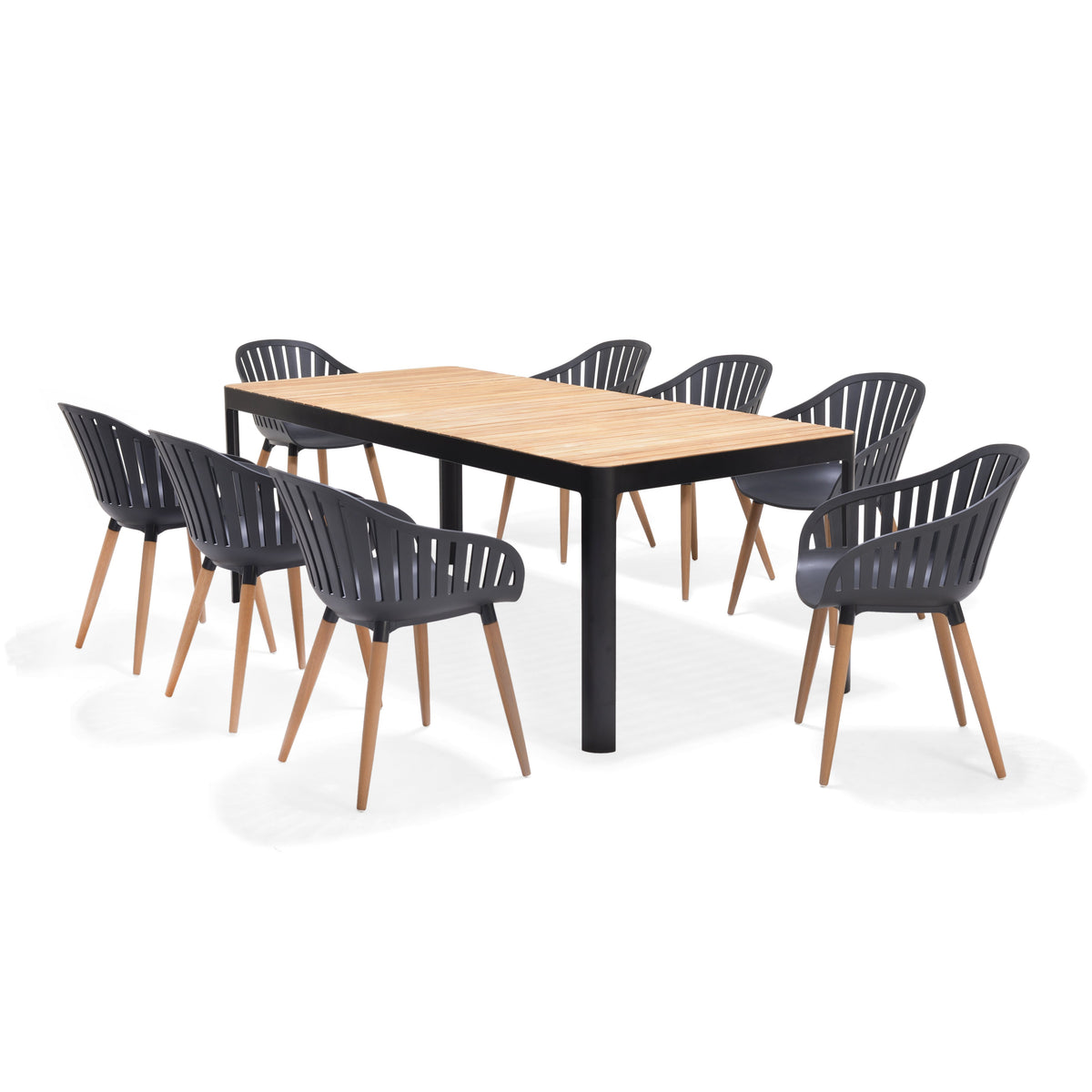 Portals Dark Dining Set | 9-Piece | FSC Teak Table & 8 Nassau Social Plastic® Chairs | LifestyleGarden
