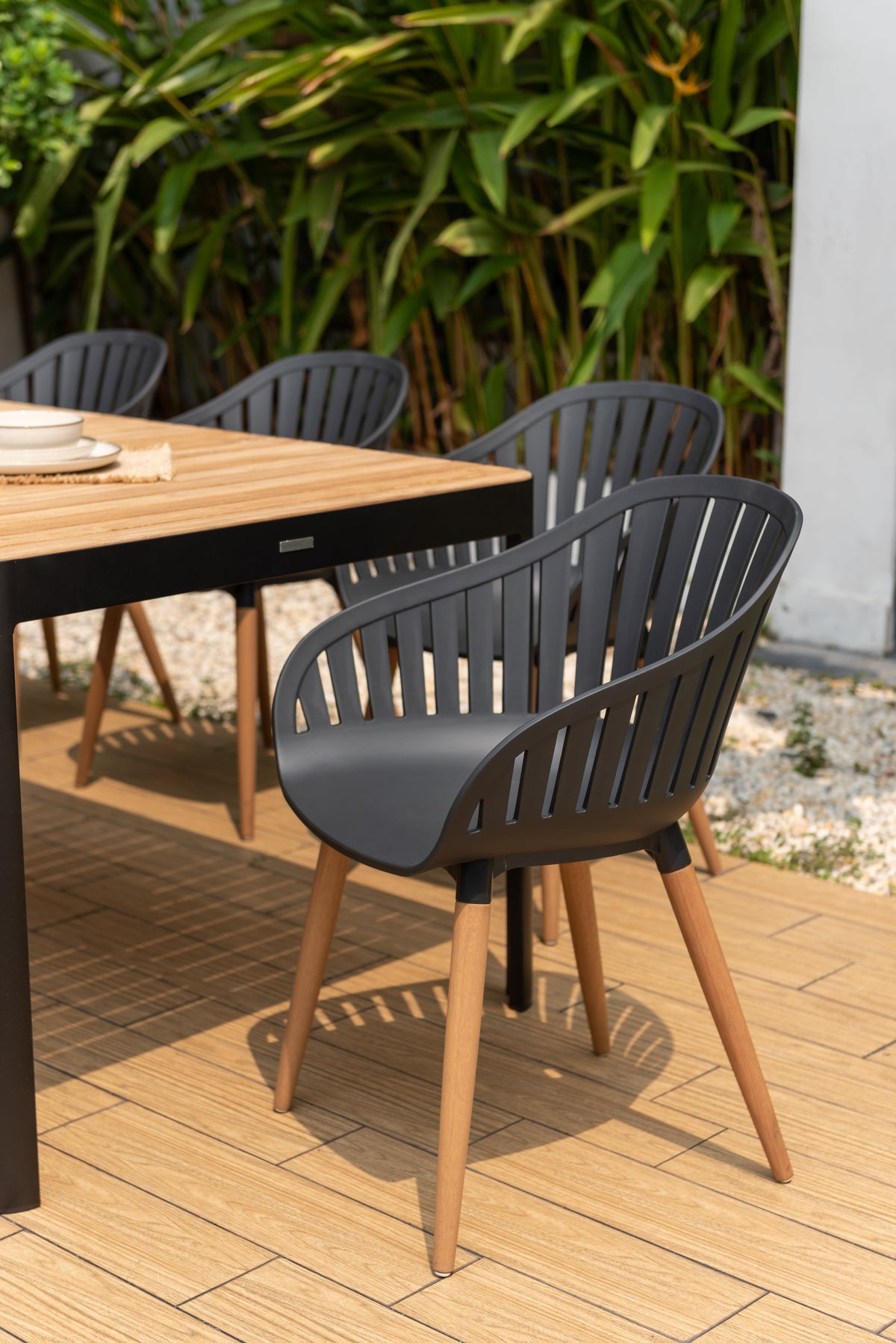Portals Dark Dining Set | 9-Piece | FSC Teak Table & 8 Nassau Social Plastic® Chairs | LifestyleGarden
