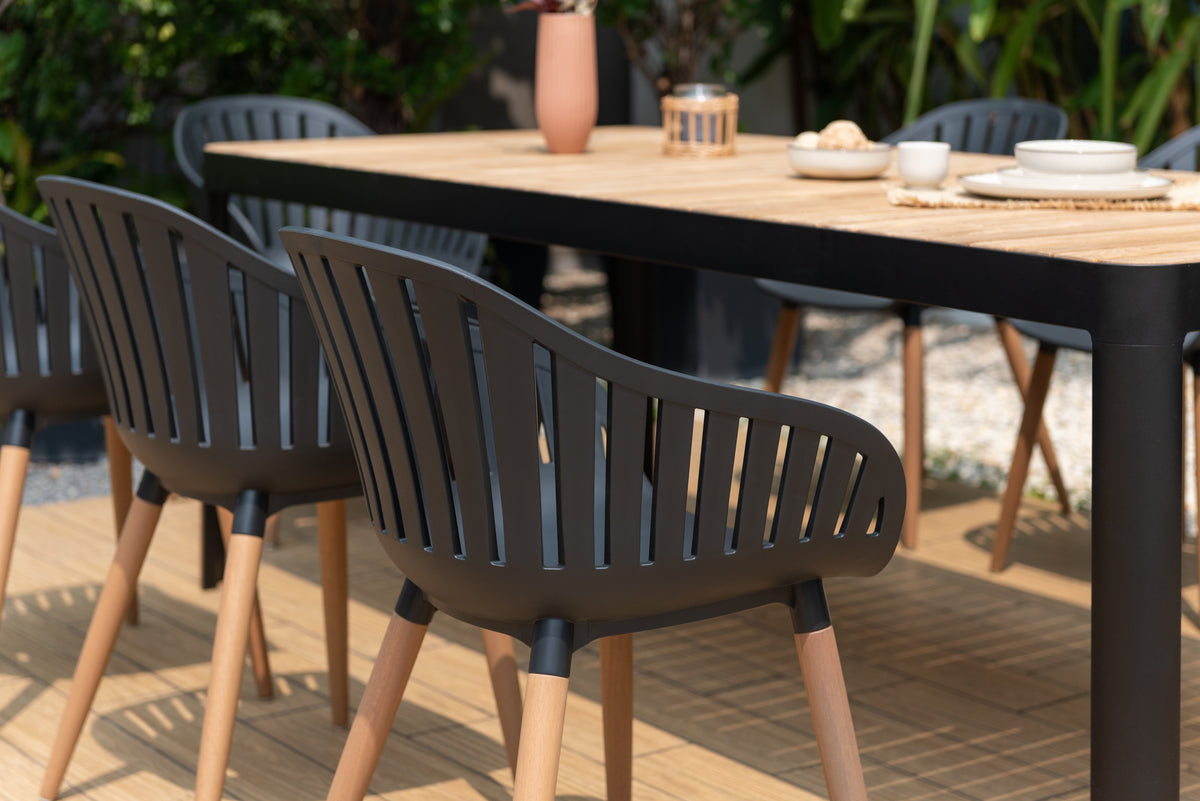 Portals Dark Dining Set | 9-Piece | FSC Teak Table & 8 Nassau Social Plastic® Chairs | LifestyleGarden