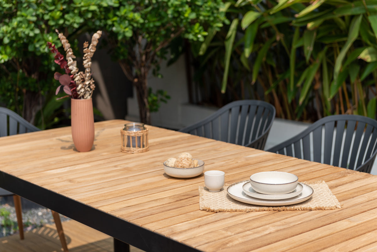 Portals Dark Dining Set | 9-Piece | FSC Teak Table & 8 Nassau Social Plastic® Chairs | LifestyleGarden