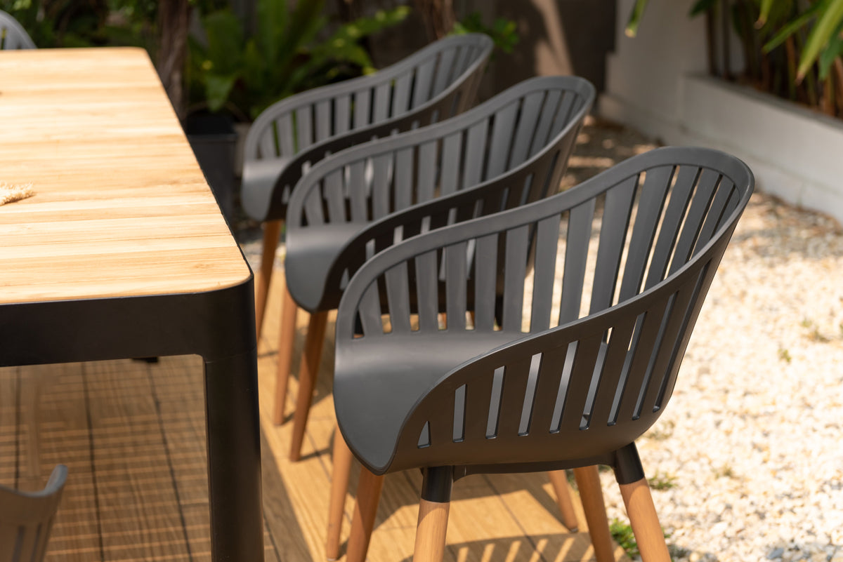 Portals Dark Dining Set | 9-Piece | FSC Teak Table & 8 Nassau Social Plastic® Chairs | LifestyleGarden