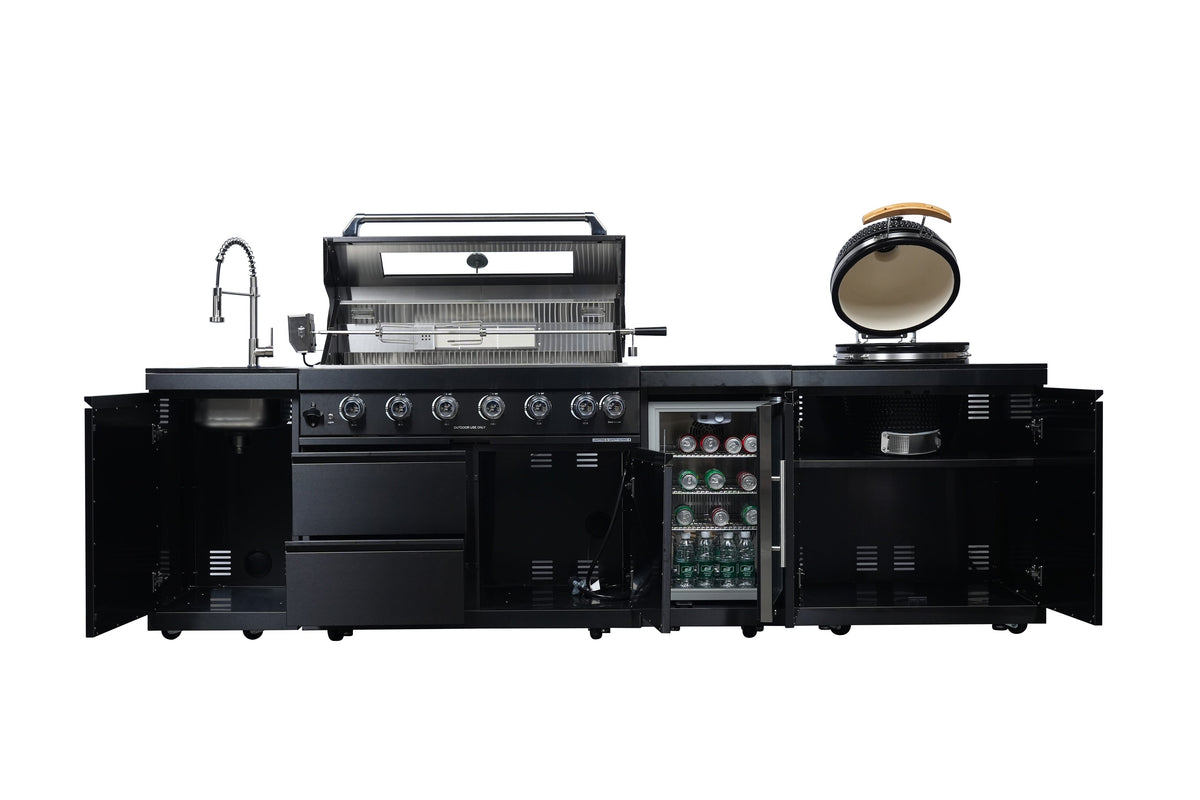 115-Inch Black Stainless Steel Outdoor Kitchen Island | 6-Burner Grill & 18-Inch Kamado | 85,000 BTU, Granite Countertops