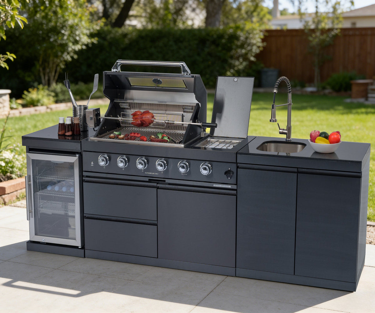 46-Inch Stainless Steel Outdoor Kitchen Island | 4-Burner Grill with Wine Cooler, Sink and Rotisserie Kit | 684 Sq In, Granite Countertops