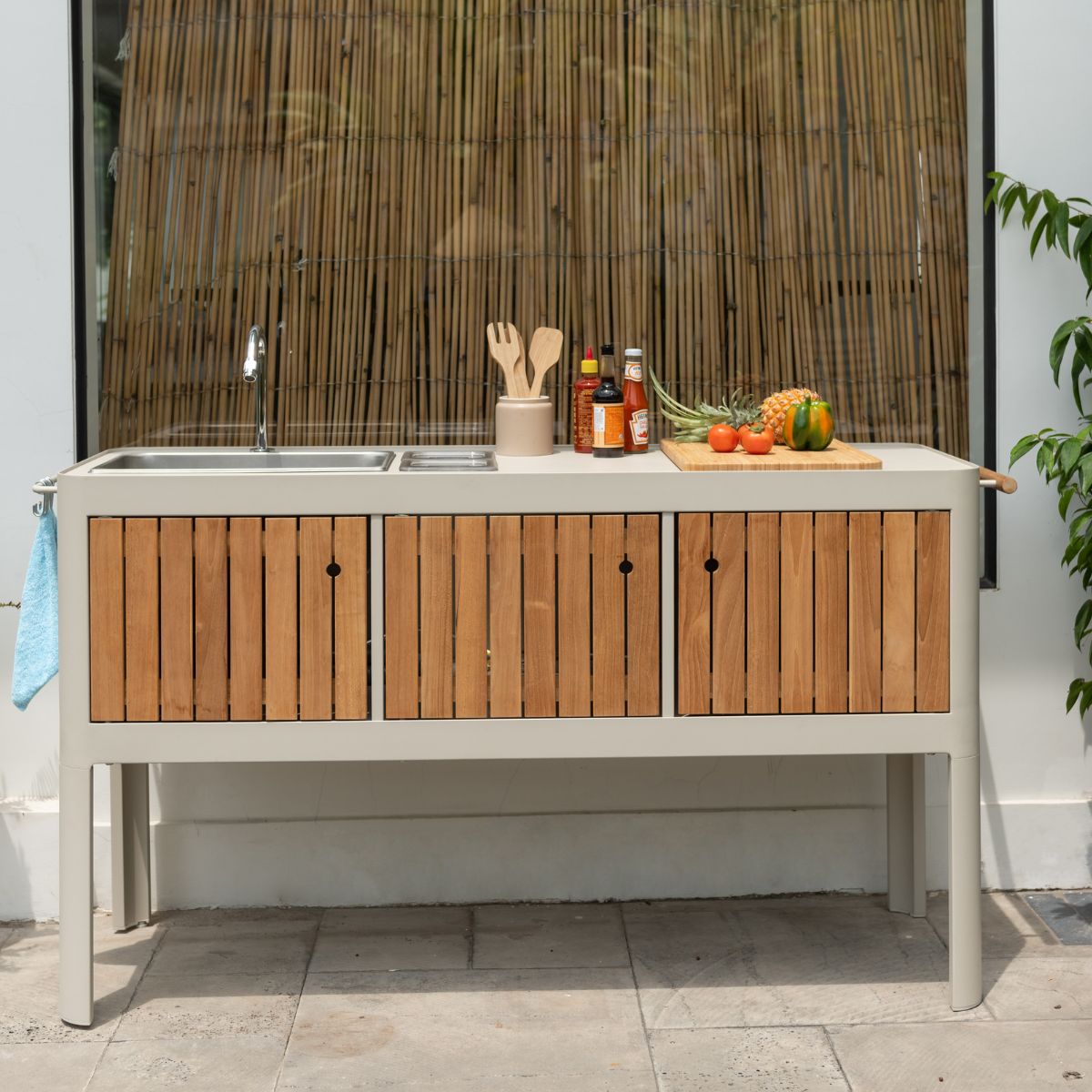 Portals Light Outdoor Kitchen | Coral Sand Aluminum & FSC Teak | Stainless Steel Sink | LifestyleGarden