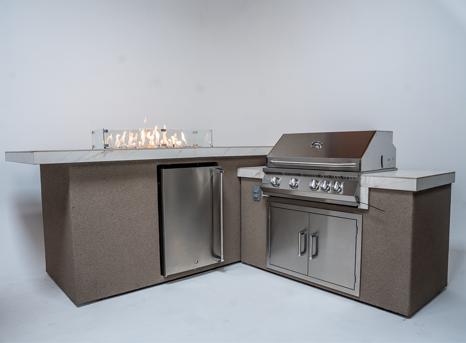 KoKoMo Outdoor Kitchen Island with Fire Feature | 7'6" x 9' Modular BBQ Island | Grill & Fire | LP or NG