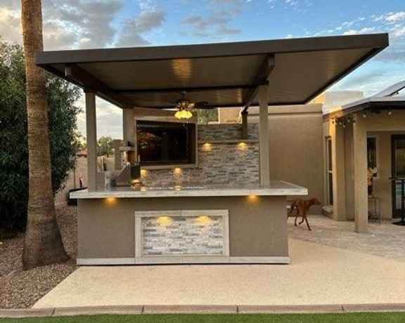 KoKoMo Bermuda Outdoor Kitchen Island | 7'6" x 9' BBQ Island with Built-In TV, Fire Pit & Bar | LP or NG | Made in USA