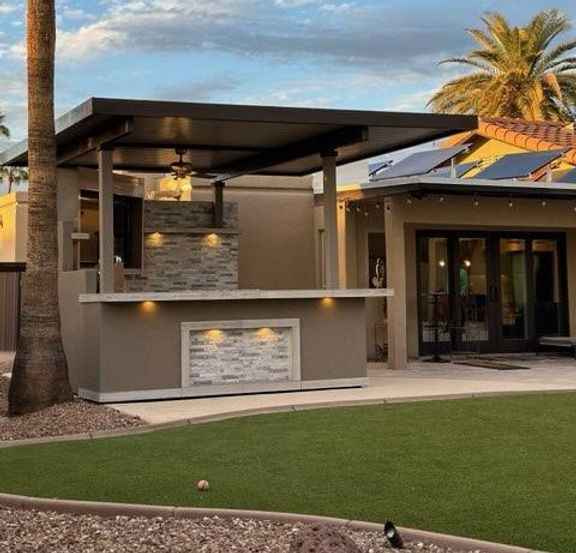 KoKoMo Bermuda Outdoor Kitchen Island | 7'6" x 9' BBQ Island with Built-In TV, Fire Pit & Bar | LP or NG | Made in USA