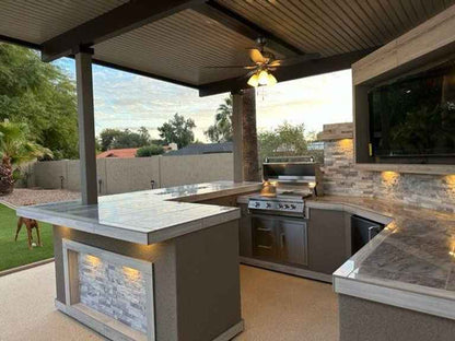 KoKoMo Bermuda Outdoor Kitchen Island | 7'6" x 9' BBQ Island with Built-In TV, Fire Pit & Bar | LP or NG | Made in USA