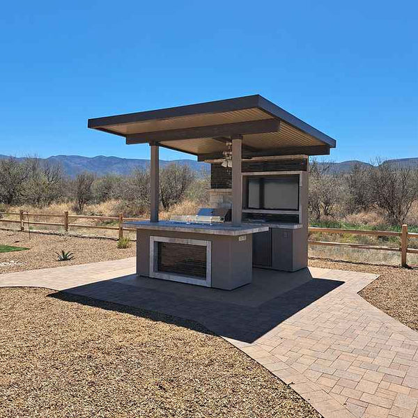 KoKoMo Baja Outdoor Kitchen with 12' x 12' Patio Cover | Modular BBQ Island with Grill, Refrigerator & Bar Seating | LP or NG