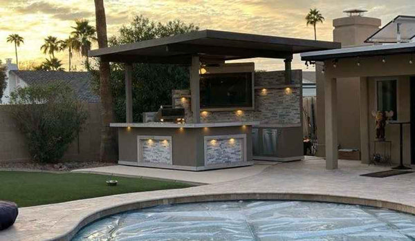 KoKoMo Bermuda Outdoor Kitchen Island | 7'6" x 9' BBQ Island with Built-In TV, Fire Pit & Bar | LP or NG | Made in USA