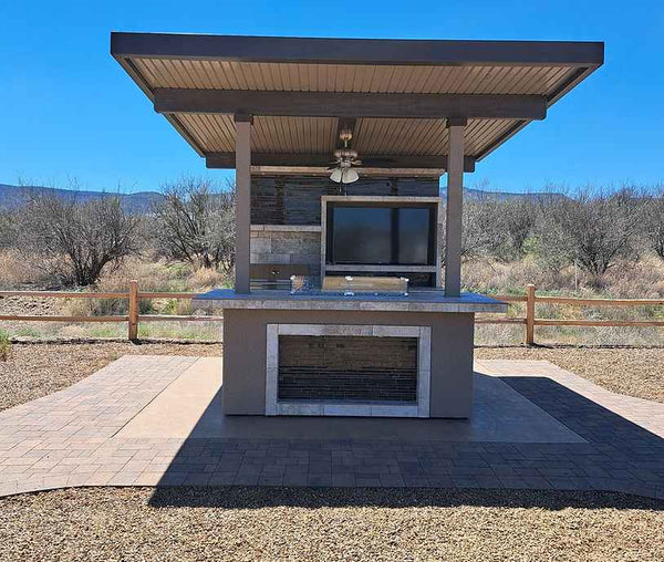 KoKoMo Baja Outdoor Kitchen with 12' x 12' Patio Cover | Modular BBQ Island with Grill, Refrigerator & Bar Seating | LP or NG