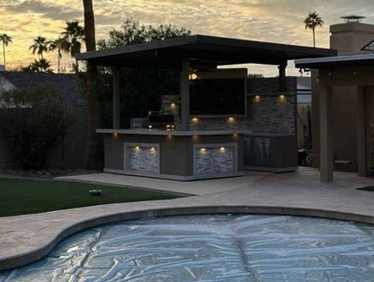 KoKoMo Bermuda Outdoor Kitchen Island | 7'6" x 9' BBQ Island with Built-In TV, Fire Pit & Bar | LP or NG | Made in USA