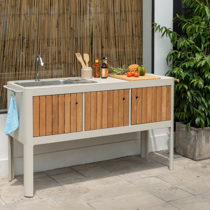 Portals Light Outdoor Kitchen | Coral Sand Aluminum & FSC Teak | Stainless Steel Sink | LifestyleGarden
