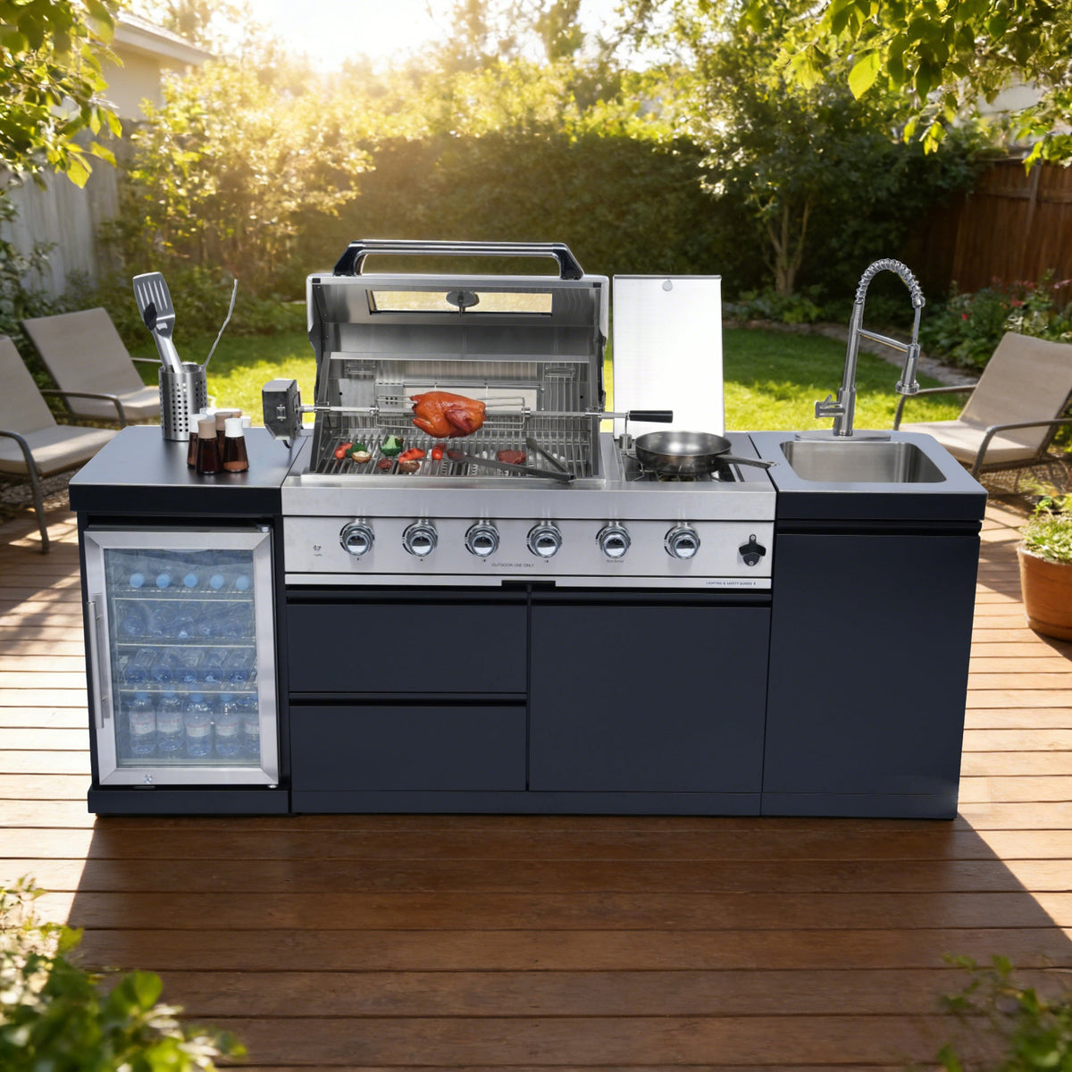 85-Inch Black Stainless Steel Outdoor Kitchen Island | 4-Burner Grill with Wine Cooler and Side Burner | 72,000 BTU