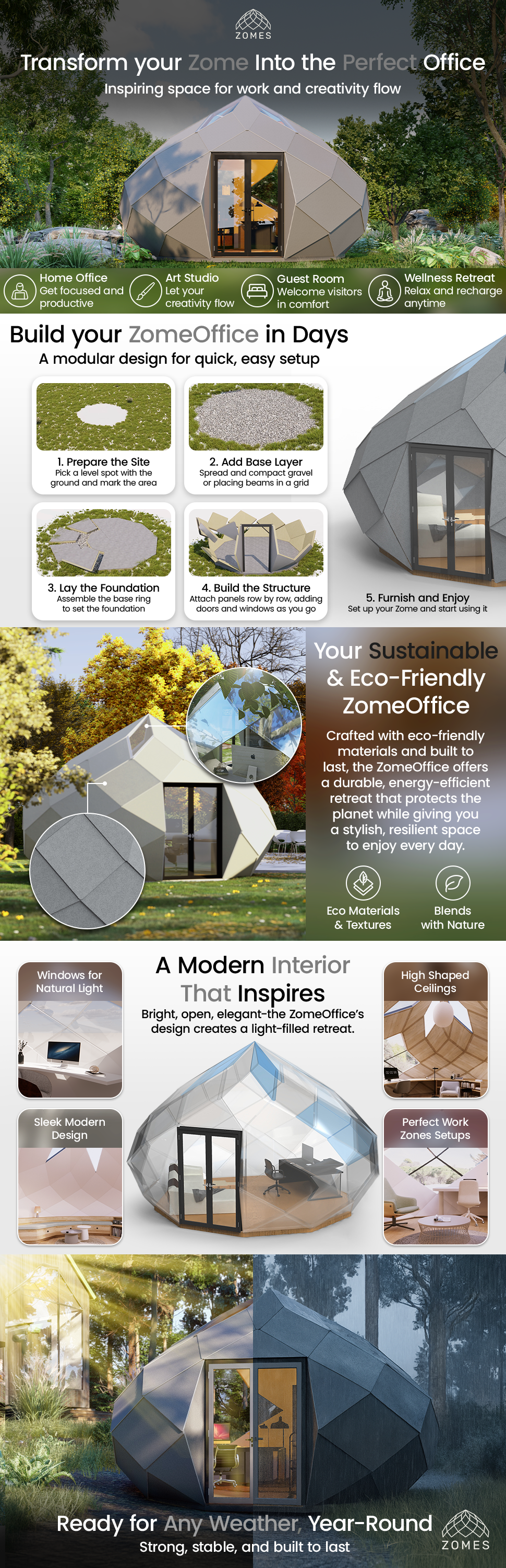 Patio Elegance Zomes Office | Outdoor Office Pod with Panoramic Glass | Weather-Resistant | Free Shipping