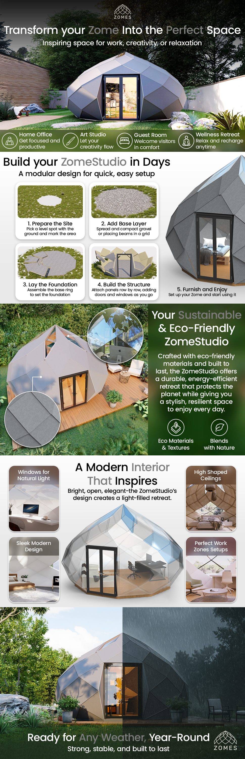Patio Elegance Zomes Studio | Outdoor Studio Pod with Panoramic Glass | Office, Yoga, Art & Lounge | Free Shipping