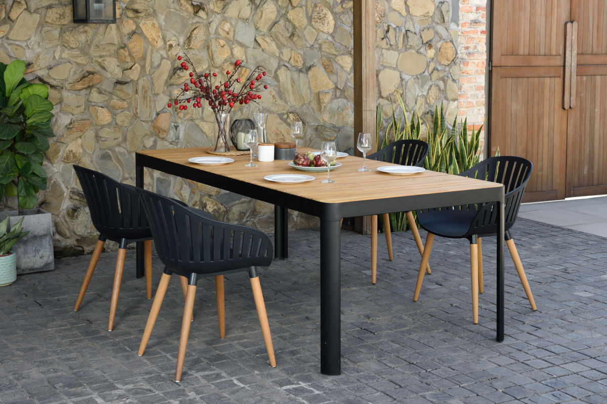 Portals Dark Rectangular Dining Set | 4 Carver Chairs | Aluminum & FSC Teak | LifestyleGarden