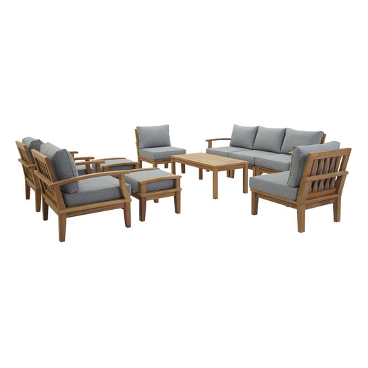 Marina 10-Piece Outdoor Teak Set | Natural Teak, Grey Cushions, 434 lbs | Sustainably Sourced | Free Shipping