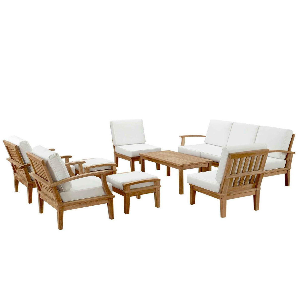 Modway Marina 10-Piece Outdoor Teak Seating Set | Natural Teak, White Cushions, 434 lbs | Free Shipping