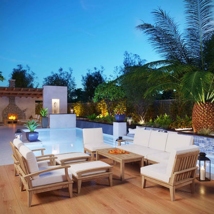 Modway Marina 10-Piece Outdoor Teak Seating Set | Natural Teak, White Cushions, 434 lbs | Free Shipping