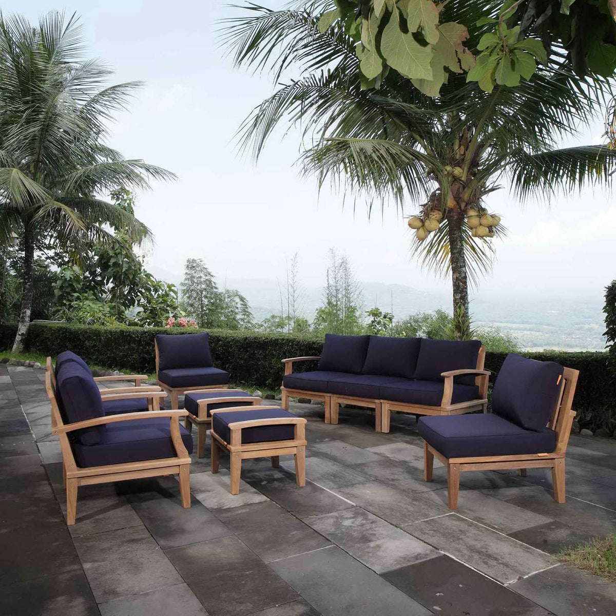 Modway Marina 9-Piece Outdoor Teak Lounge Set | Natural Teak, 3 Cushion Colors, 257 lbs | Free Shipping