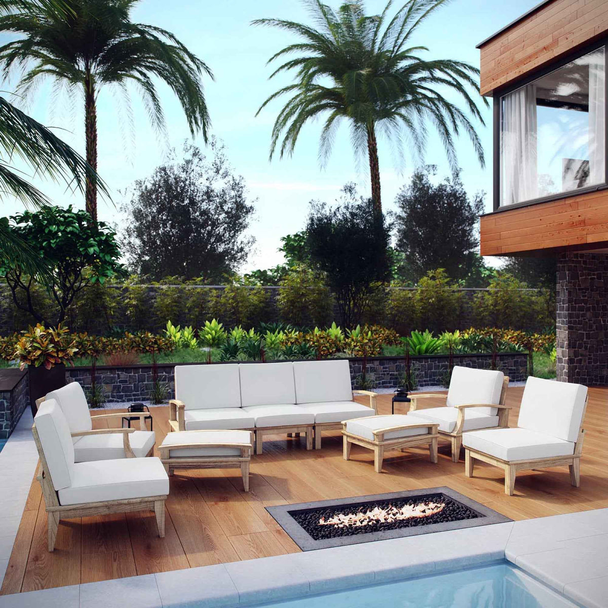 Modway Marina 9-Piece Outdoor Teak Lounge Set | Natural Teak, 3 Cushion Colors, 257 lbs | Free Shipping