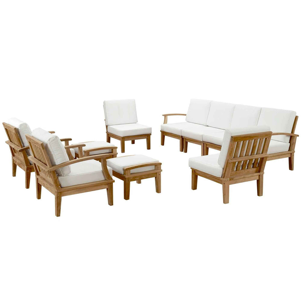 Modway Marina 10-Piece Outdoor Teak Patio Dining Set | 8-Seat Table, Chairs & White Cushions | Free Shipping