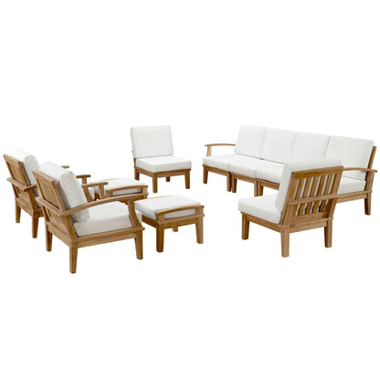 Modway Marina 10-Piece Outdoor Teak Patio Dining Set | 8-Seat Table, Chairs & White Cushions | Free Shipping