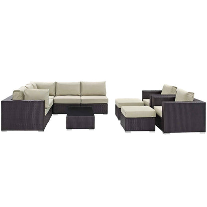 Modway Convene 10-Piece Outdoor Lounge Set | Espresso Frame, Beige, Mocha, or White Cushions, 384 lbs | Free Shipping