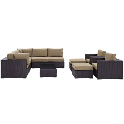 Modway Convene 10-Piece Outdoor Lounge Set | Espresso Frame, Beige, Mocha, or White Cushions, 384 lbs | Free Shipping