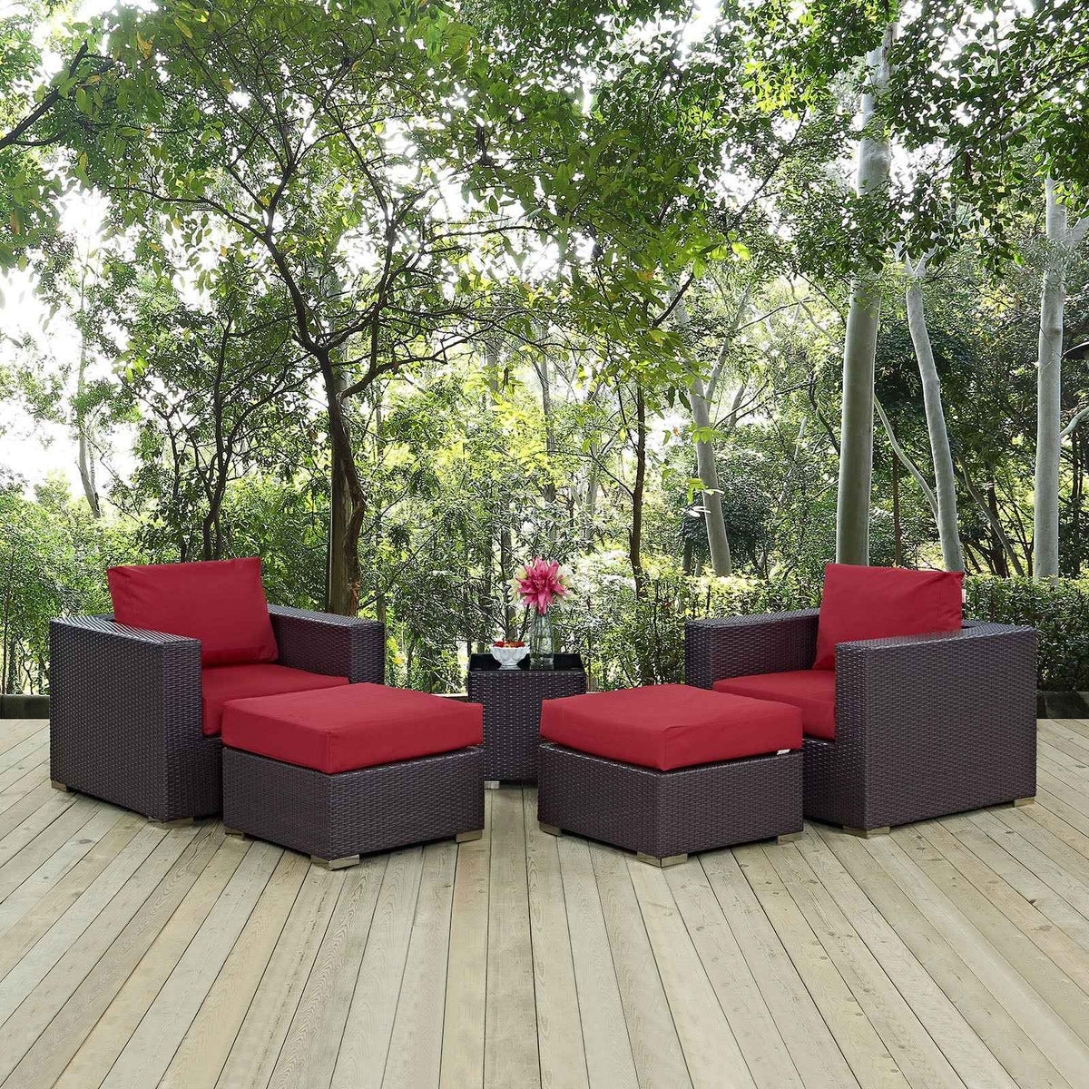 Modway Convene 5-Piece Outdoor Sectional Set | Resin Wicker, Aluminum, 58 lbs, Orange, Mocha, or Red | Free Shipping