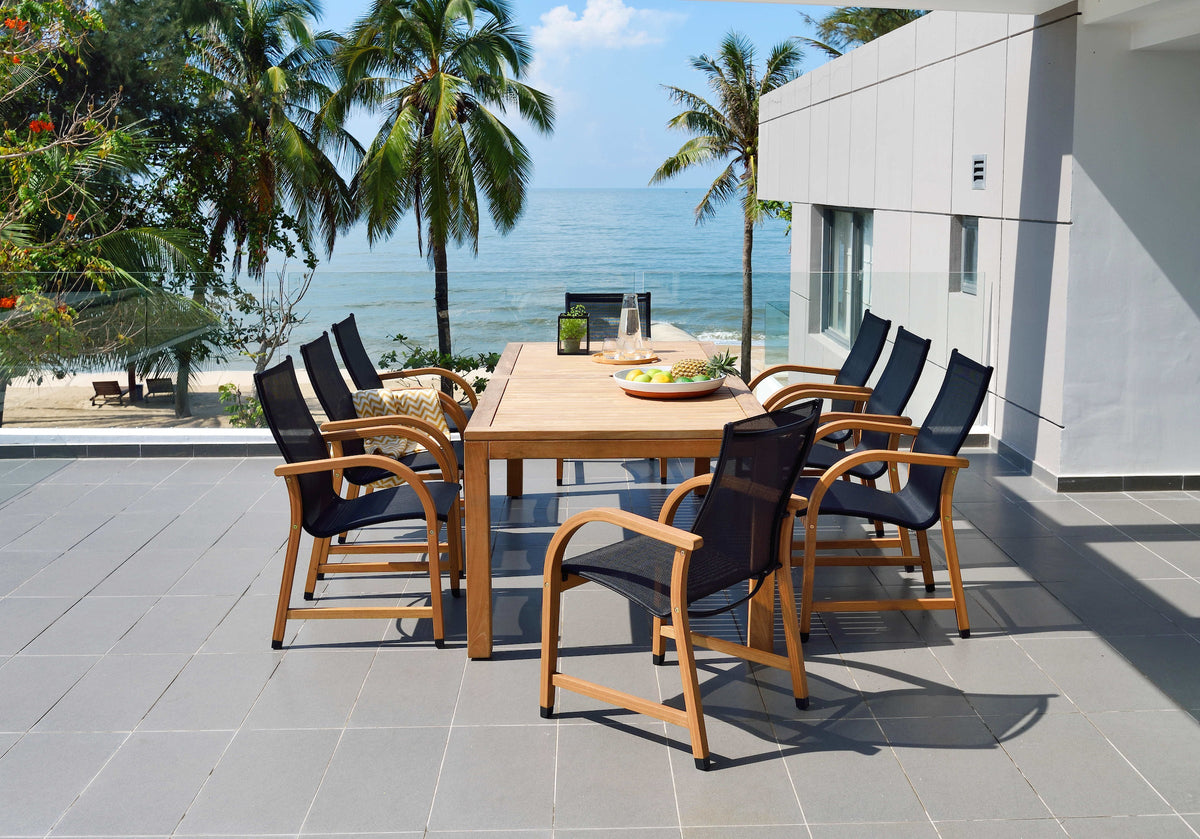 Rinjani 87" Teak Dining Table & 8 Manhattan Black Armchairs | FSC Wood & Weather-net® | LifestyleGarden