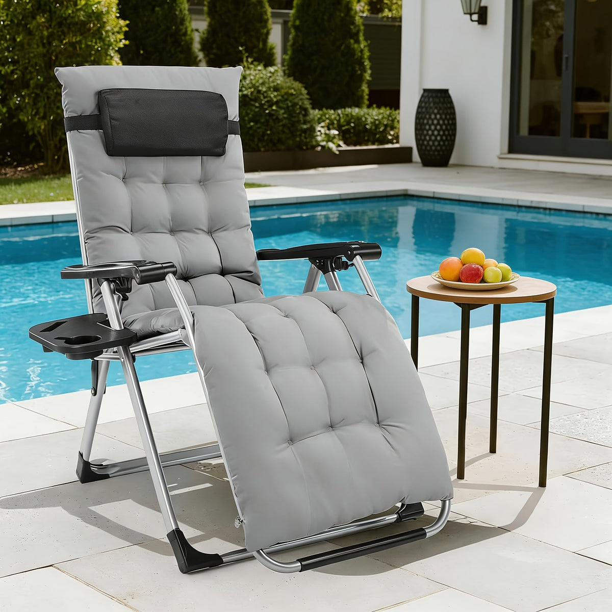 Zero Gravity Recliner Chair | Foldable Patio Lounge Chair with Cup Holder Tray and Removable Cushion | Gray or Black
