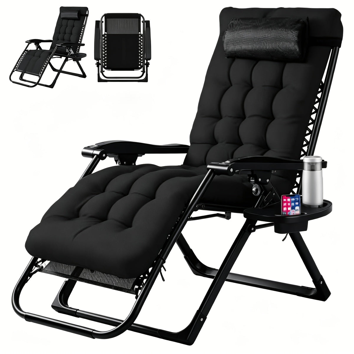 Zero Gravity Recliner Chair | Foldable Patio Lounge Chair with Cup Holder Tray and Removable Cushion | Gray or Black