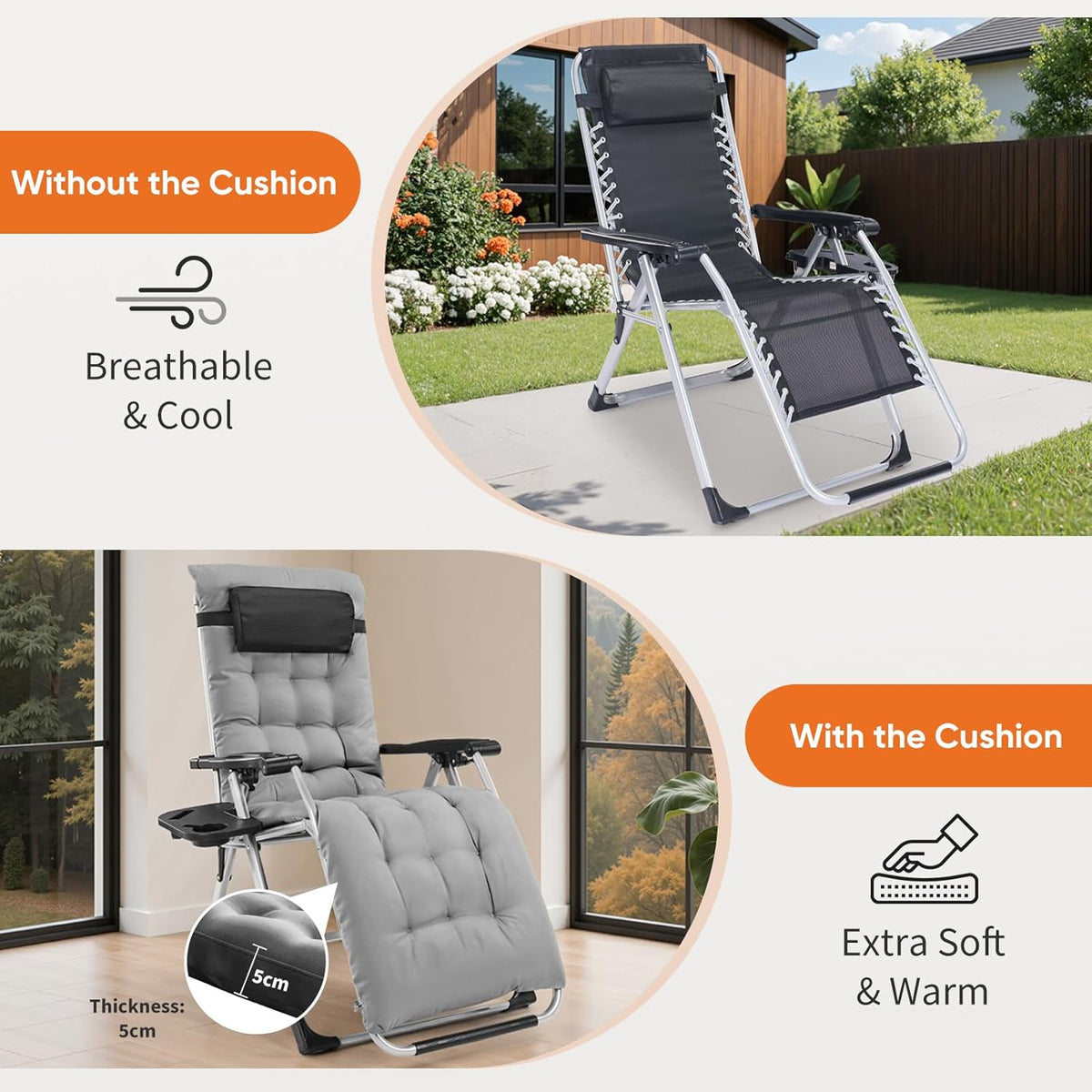 Zero Gravity Recliner Chair | Foldable Patio Lounge Chair with Cup Holder Tray and Removable Cushion | Gray or Black