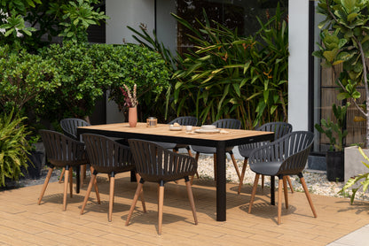 Portals Dark Dining Set | 9-Piece | FSC Teak Table & 8 Nassau Social Plastic® Chairs | LifestyleGarden