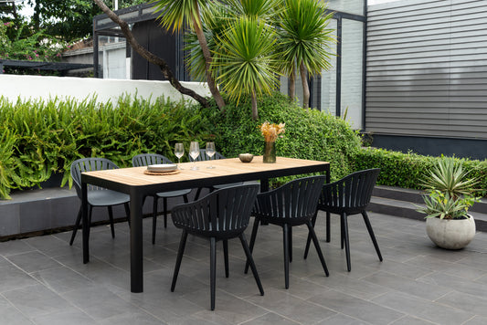 Portals Dark Dining Set | 7-Piece | FSC Teak Table & 6 Nassau Black Aluminum Social Plastic® Chairs | LifestyleGarden