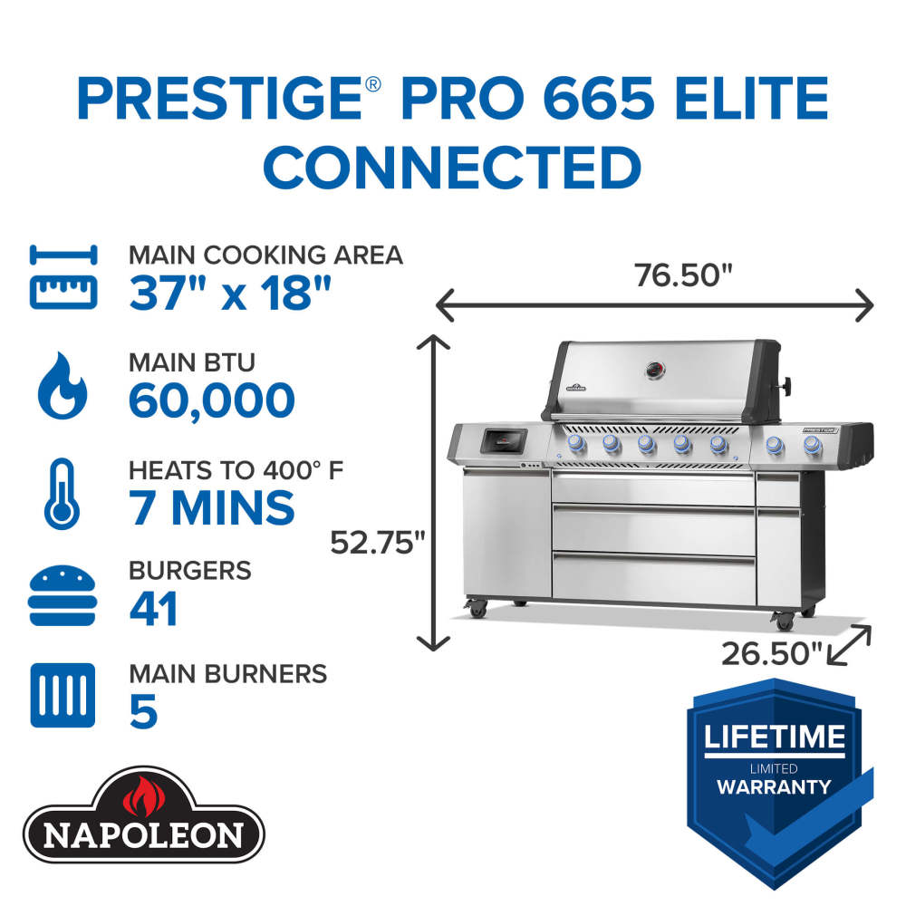 Napoleon Prestige PRO 665 Elite Gas Grill | Smart Technology, Electric Smoker, SIZZLE ZONE® & Rotisserie | Patio Elegance