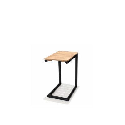 Portals Dark C-Shape Side Table | Black Aluminum & FSC Teak | Balcony & Lounge Accessory | LifestyleGarden