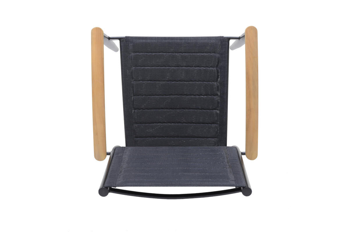 Portals Dark Lite Outdoor Dining Set | FSC Teak & Black Aluminum Table | Stacking Chairs with 3D Mesh | LifestyleGarden