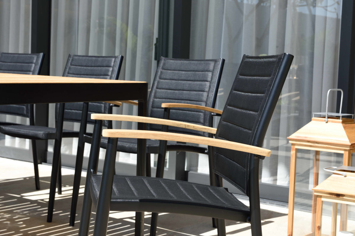 Portals Dark Lite Outdoor Dining Set | FSC Teak & Black Aluminum Table | Stacking Chairs with 3D Mesh | LifestyleGarden