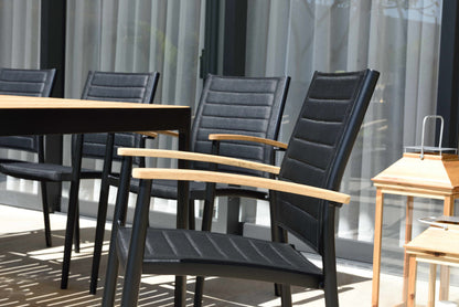 Portals Dark Lite Outdoor Dining Set | FSC Teak & Black Aluminum Table | Stacking Chairs with 3D Mesh | LifestyleGarden