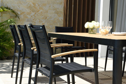 Portals Dark Lite Outdoor Dining Set | FSC Teak & Black Aluminum Table | Stacking Chairs with 3D Mesh | LifestyleGarden