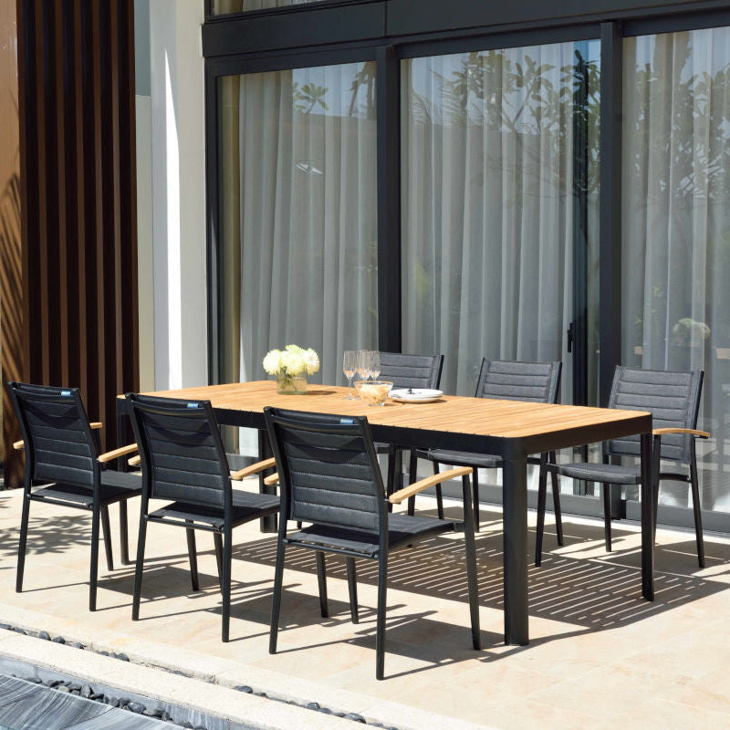 Portals Dark Lite Outdoor Dining Set | FSC Teak & Black Aluminum Table | Stacking Chairs with 3D Mesh | LifestyleGarden