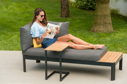 Portals Dark C-Shape Side Table | Black Aluminum & FSC Teak | Balcony & Lounge Accessory | LifestyleGarden