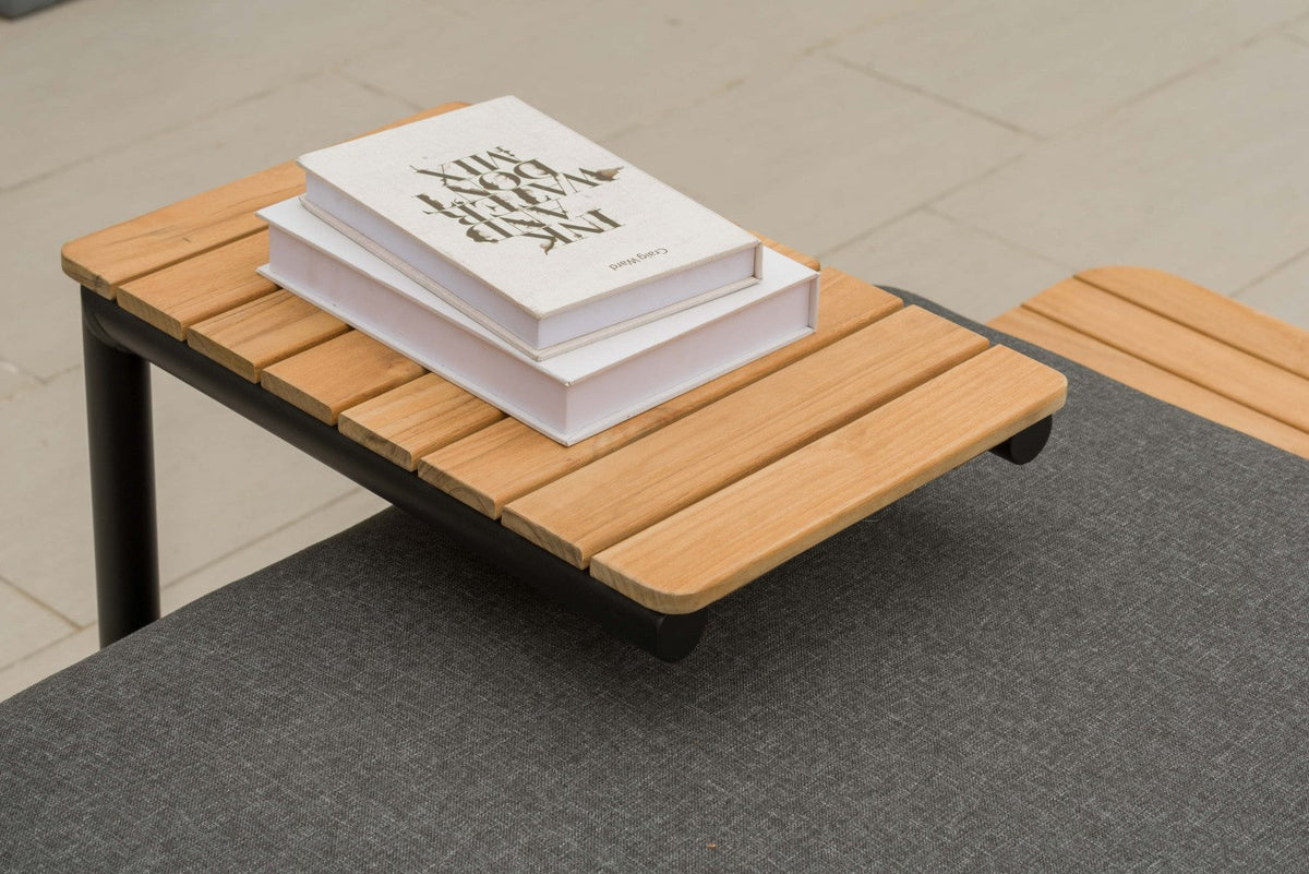 Portals Dark C-Shape Side Table | Black Aluminum & FSC Teak | Balcony & Lounge Accessory | LifestyleGarden
