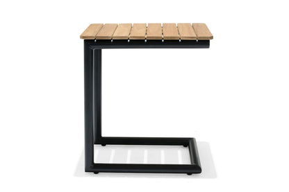 Portals Dark C-Shape Side Table | Black Aluminum & FSC Teak | Balcony & Lounge Accessory | LifestyleGarden