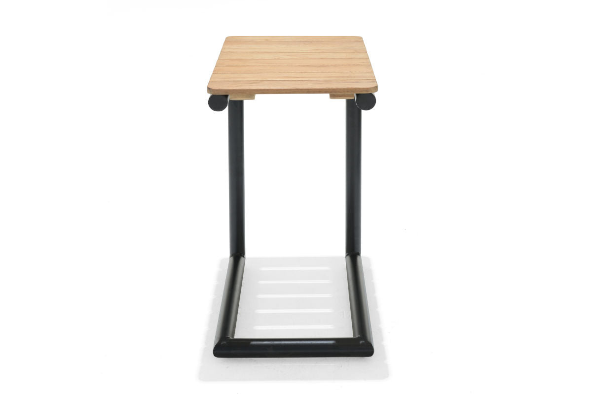 Portals Dark C-Shape Side Table | Black Aluminum & FSC Teak | Balcony & Lounge Accessory | LifestyleGarden